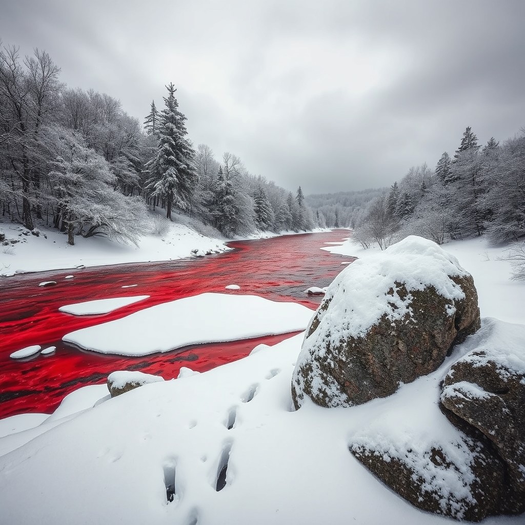 A dramatic landscape featuring a blood-red river flowing through a serene, snowy landscape