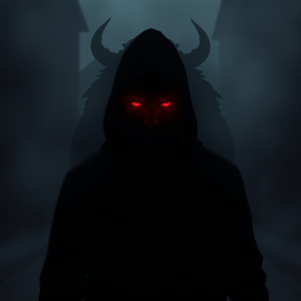 A dark, urban-style digital illustration featuring a man in a hood standing alone in a foggy, cold city street at night