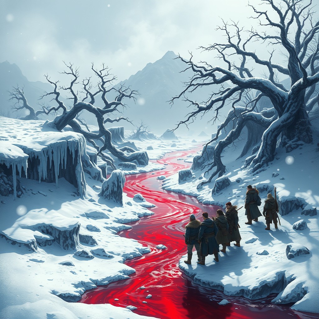 A fantastical Dungeons & Dragons-inspired scene depicting a blood-red river flowing through a snowy, mystical landscape