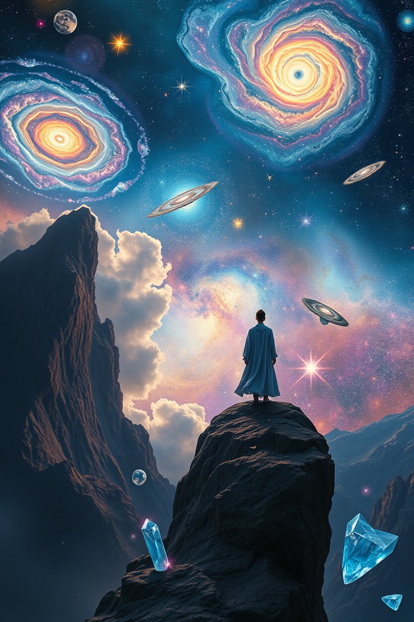 A surreal, cosmic scene representing the concept of identity and the universe