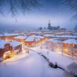 A mesmerizing cityscape blanketed in pristine white snow, with illuminated buildings peeking through the serene winter scenery.