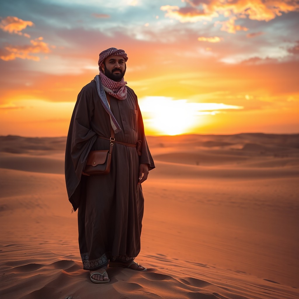 A Bedouin man standing proudly in a vast desert landscape, wearing traditional flowing robes and a headscarf, surrounded by dunes under the golden glow of a setting sun