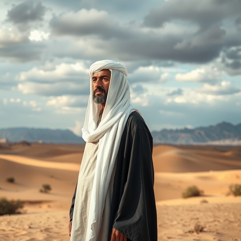 A melancholic Bedouin man standing in a vast desert landscape