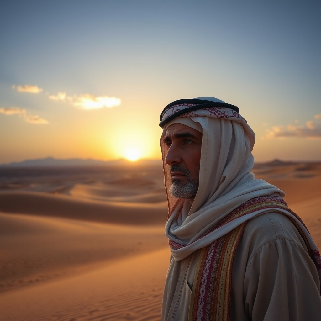 A sad Jordanian Bedouin man in the desert, dressed in traditional Bedouin attire with a keffiyeh, looking contemplative against the vast arid landscape