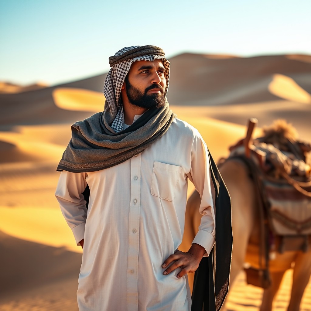 A Jordanian Bedouin man in traditional attire, standing confidently in the vast desert landscape
