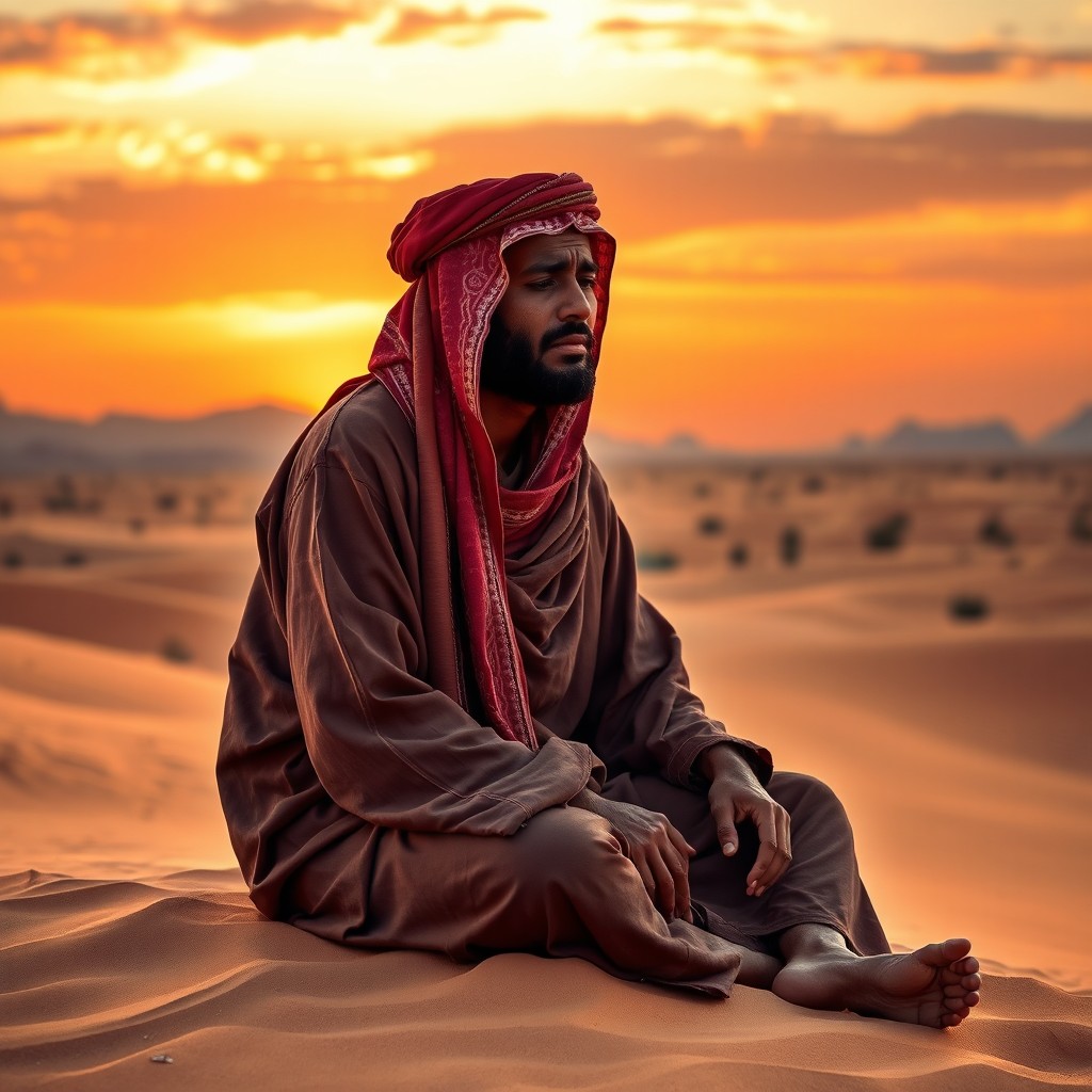 A sad Bedouin man crying for his wife, sitting alone in a vast desert landscape during sunset