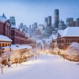 A mesmerizing cityscape blanketed in pristine white snow, with illuminated buildings peeking through the serene winter scenery.