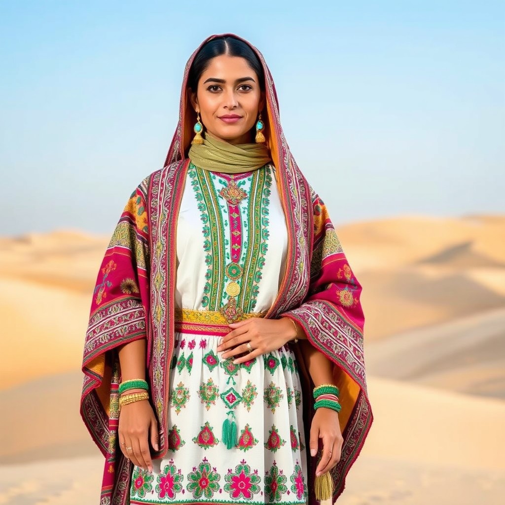 A woman from Be'er Sheva dressed in traditional heritage clothing, showcasing intricate patterns and vibrant colors reflecting Middle Eastern culture