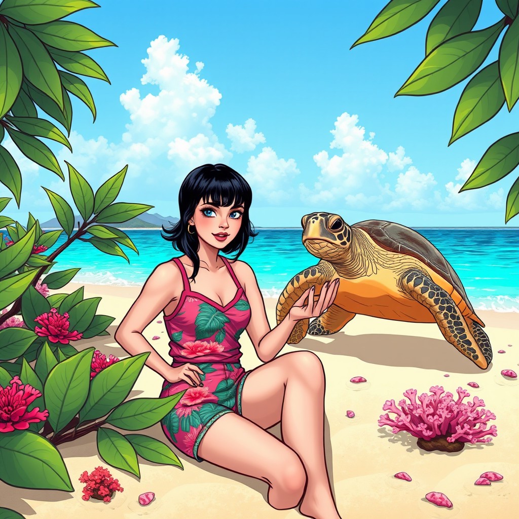 In a comic book style suitable for a game graphic, depict a 30-year-old woman with black bangs and bright blue eyes, wearing a vintage 1920s pink tank top and shorts with tropical patterns