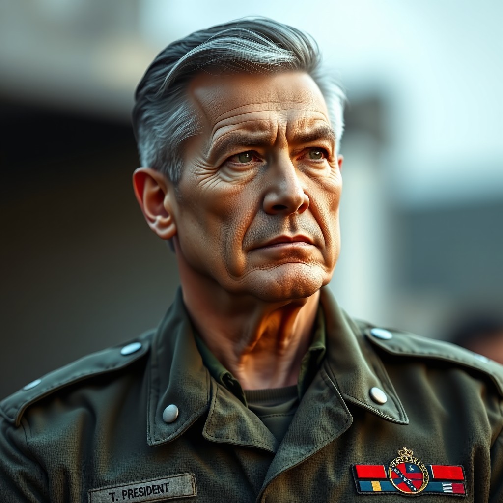 A portrait of a confident man resembling a president, dressed in a military uniform that combines modern tactical elements with traditional military aesthetics
