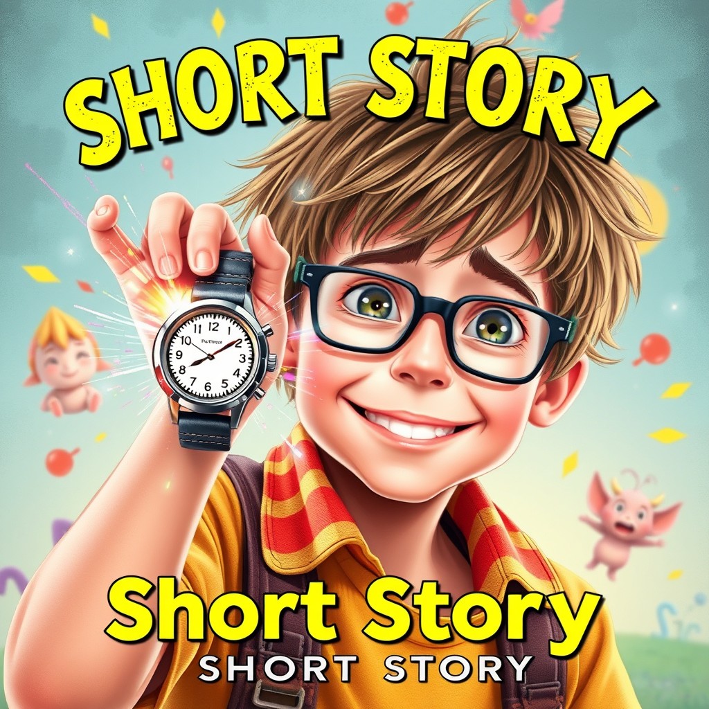 A dynamic cover image for a short story featuring a young boy with tousled hair, no glasses, looking both happy and concerned