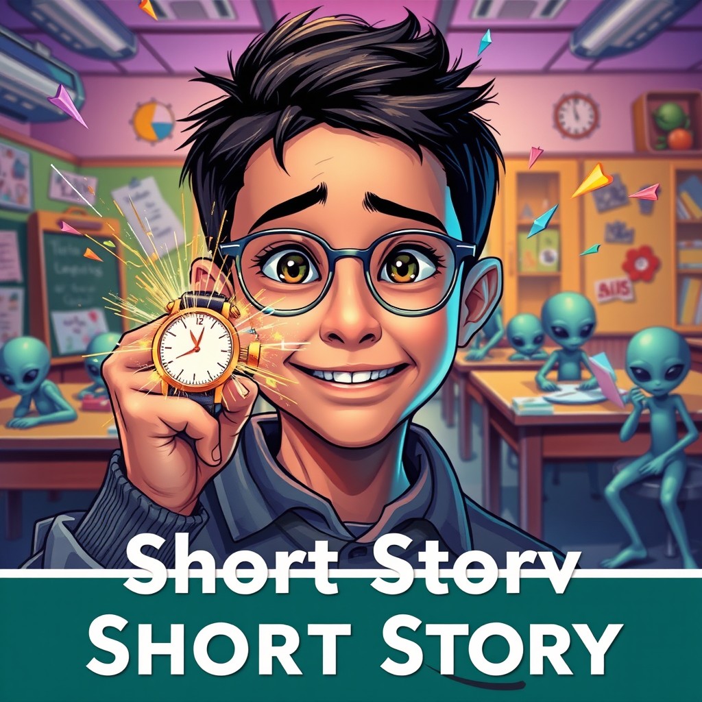A captivating cover image for a short story featuring a young boy with mixed features of black and white descent, no glasses, looking both happy and concerned
