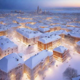 A mesmerizing cityscape blanketed in pristine white snow, with illuminated buildings peeking through the serene winter scenery.