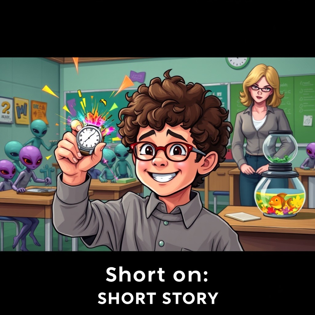 An exciting cover image for a short story featuring a young boy of mixed black and white descent, with curly brown hair, no glasses, looking both happy and concerned