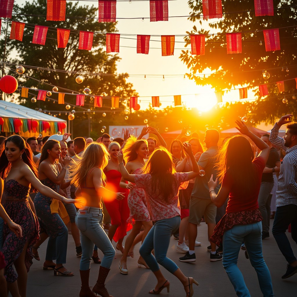 A vibrant scene capturing a diverse group of people dancing joyfully in a lively outdoor setting, surrounded by colorful decorations and twinkling lights