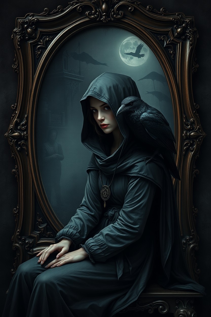 A mysterious girl with her face hidden by a hood, sitting gracefully