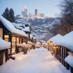 A mesmerizing cityscape blanketed in pristine white snow, with illuminated buildings peeking through the serene winter scenery.