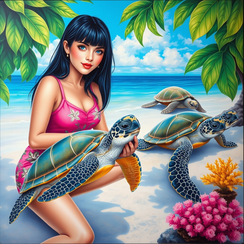 A vibrant and enchanting painting in the style of Sanat Tablosu, featuring a 30-year-old woman with straight black hair and bright blue eyes