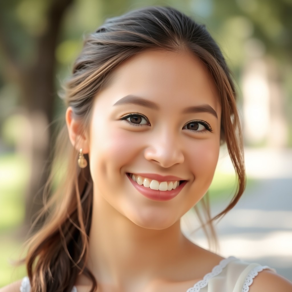 A beautiful young woman, aged 18, radiating charm and confidence
