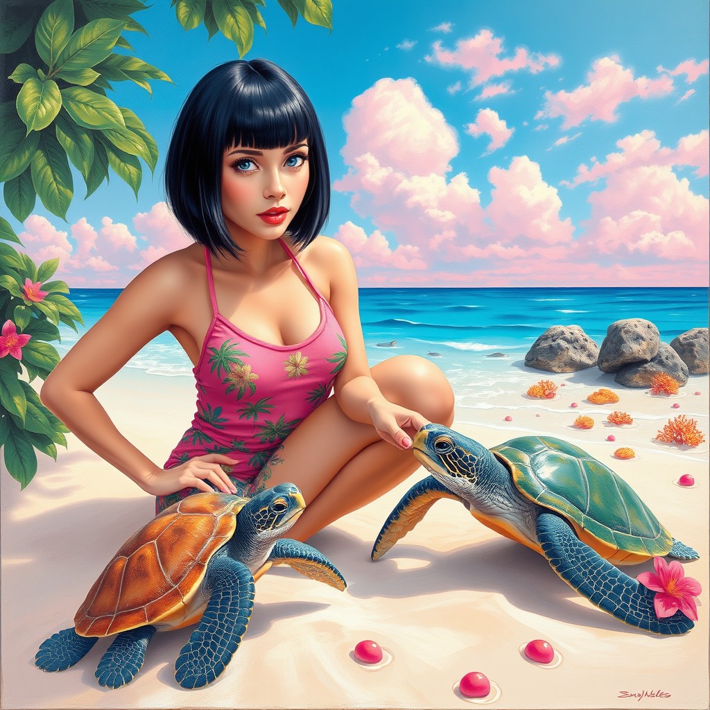 A vibrant and enchanting painting in the style of Sanat Tablosu, featuring a 30-year-old woman with a short bob haircut and bangs, straight black hair, and bright blue eyes