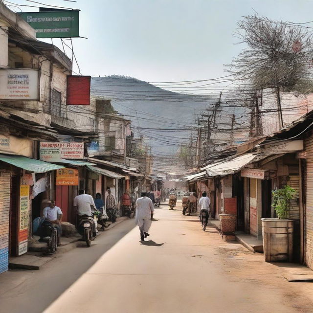 A dynamic image of Devaliya Chokdi, Gujarat, highlighting its bustling streets, architectural structures and cultural elements.