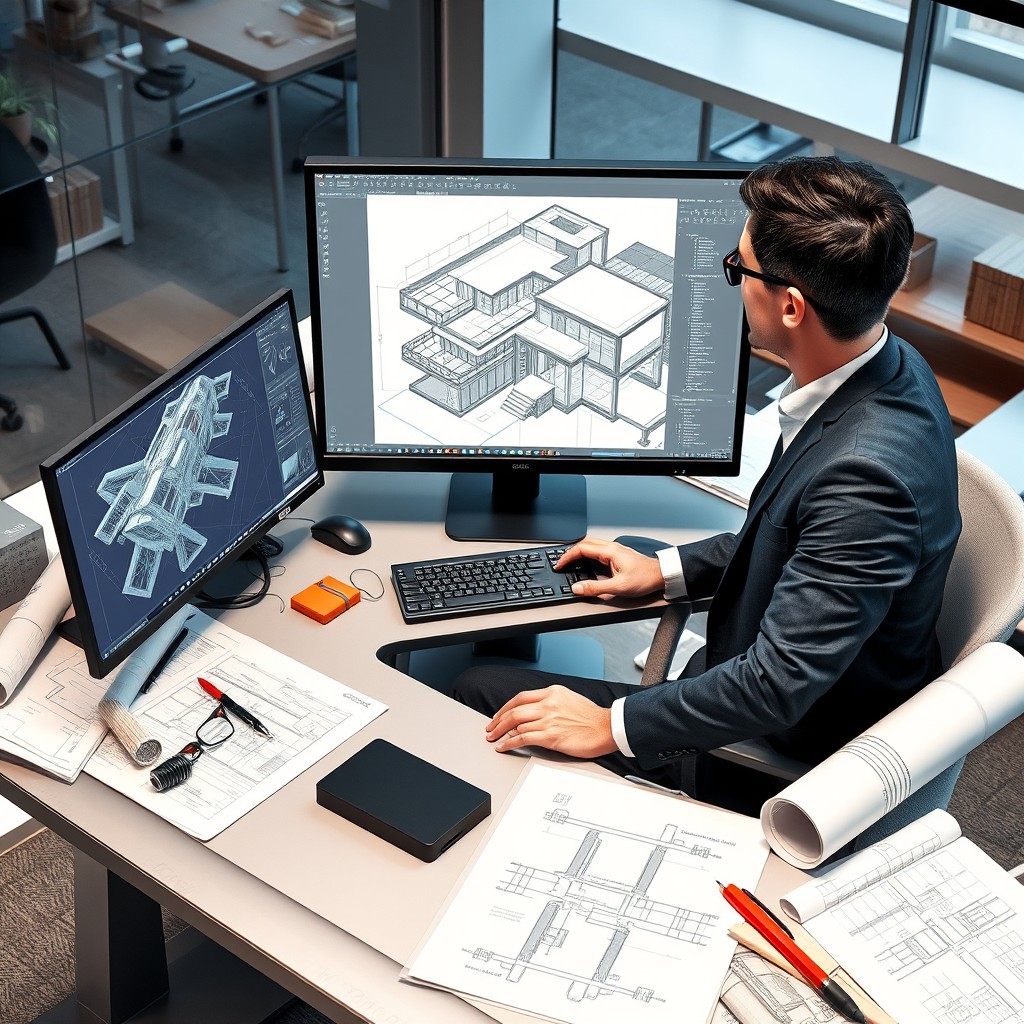 A dynamic representation of Navisworks designing, depicting an architect or designer at work within a high-tech office environment