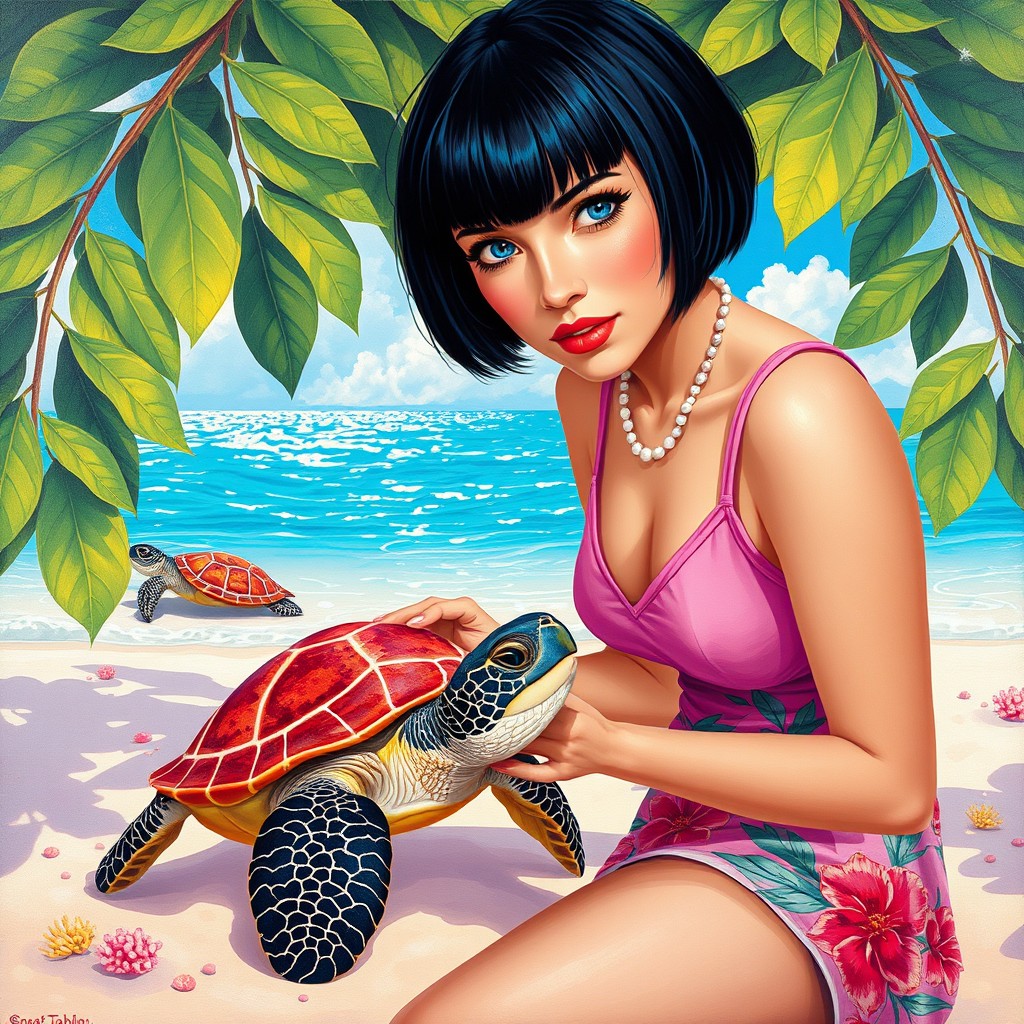 A vibrant and enchanting painting in the style of Sanat Tablosu, featuring a 30-year-old woman with a short bob haircut and bangs, straight black hair, and bright blue eyes