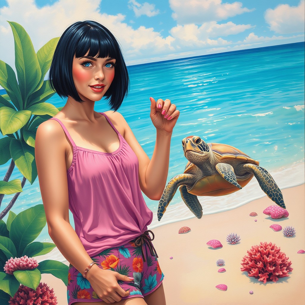 A vibrant and enchanting painting in the style of Sanat Tablosu, depicting a 30-year-old woman with a short bob haircut and bangs, straight black hair, and bright blue eyes