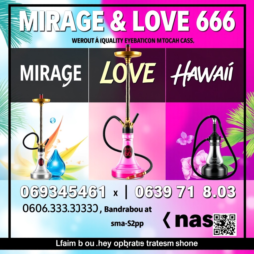 A vibrant and eye-catching poster promoting the Mirage, Love 66, and Hawaii tobacco shisha brands