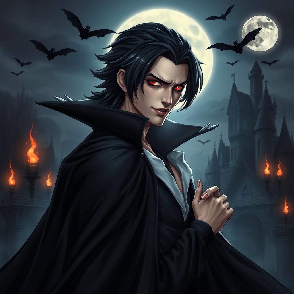 A stunning vampire character with striking features, thick dark hair, and piercing red eyes, wearing an elegant, flowing black cloak that billows around them
