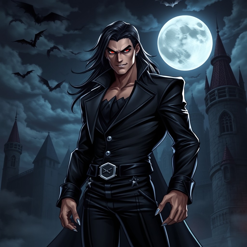 A striking and fierce vampire character, known as Vamprius, stands tall with an imposing presence