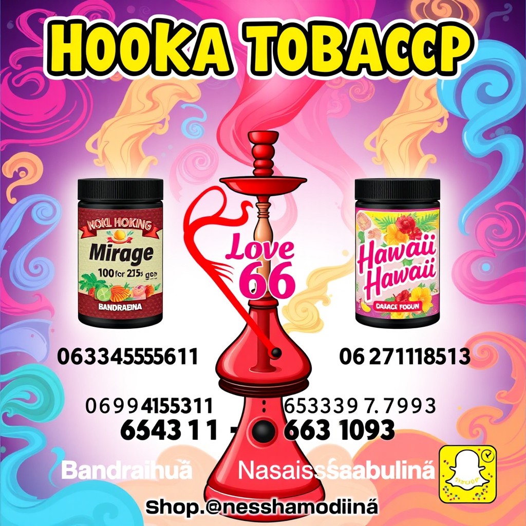 A vibrant and eye-catching poster for a hookah tobacco shop, featuring three delicious tobacco flavors prominently displayed: "Mirage" at €15 for 100 grams, "Love 66" at €20 for 100 grams, and "Hawaii Hawaii" also at €20 for 100 grams