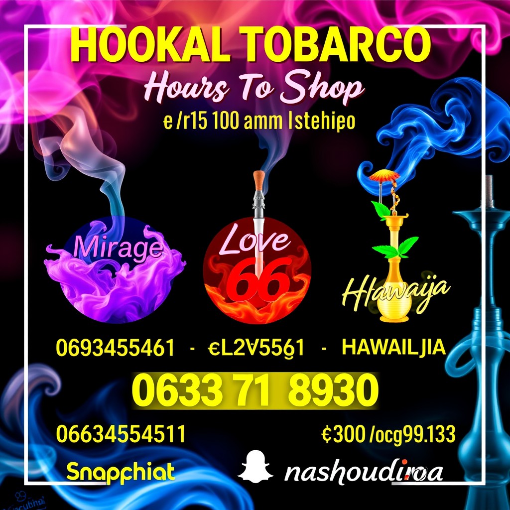 A colorful and appealing poster for a hookah tobacco shop, showcasing three enticing flavors: "Mirage" priced at €15 for 100 grams, "Love 66" priced at €20 for 100 grams, and "Hawaii Hawaii" also at €20 for 100 grams