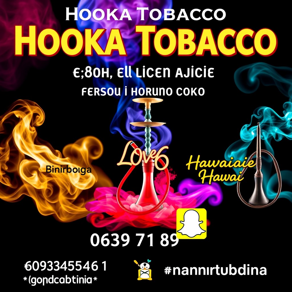 A striking and attractive poster for a hookah tobacco shop, featuring three alluring flavors: "Mirage" at €15 for 100 grams, "Love 66" at €20 for 100 grams, and "Hawaii Hawaii" also priced at €20 for 100 grams