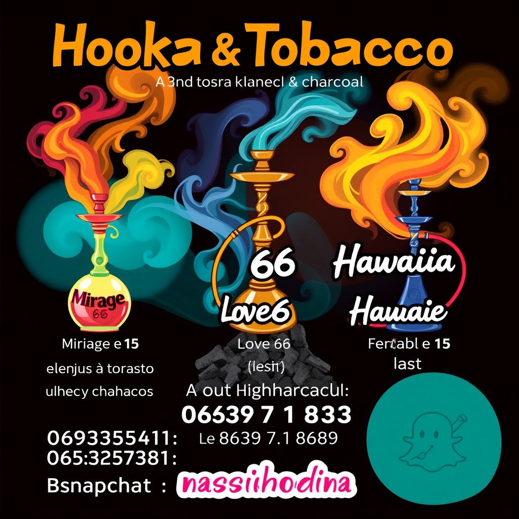 An enticing and colorful poster for a hookah tobacco and charcoal shop, showcasing three delicious tobacco flavors: "Mirage" at €15 for 100 grams, "Love 66" at €20 for 100 grams, and "Hawaii Hawaii" also at €20 for 100 grams