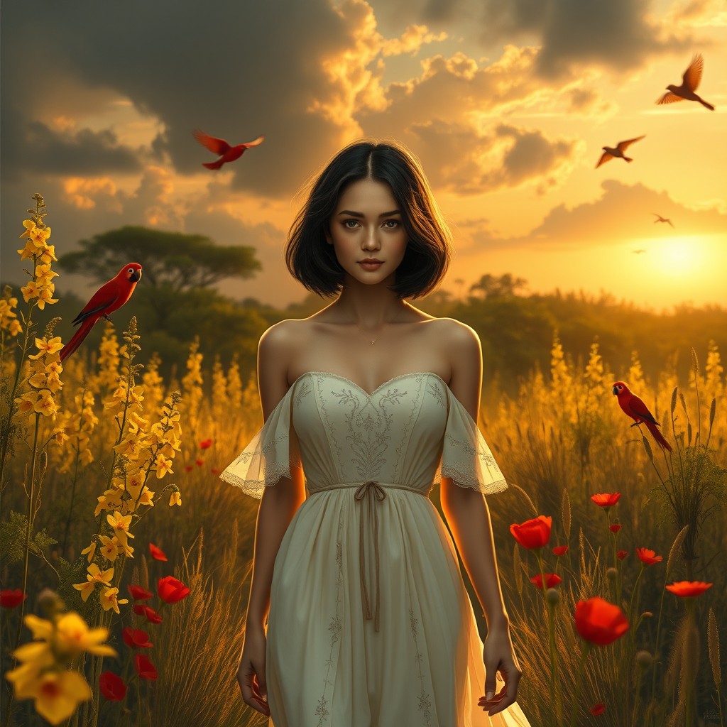 A highly detailed digital acrylic and chalk drawing depicting a romantic, otherworldly scene: A beautiful woman with short black hair walks through a lush African forest filled with long yellow delphiniums, red poppies, and grasses, staring directly at the camera