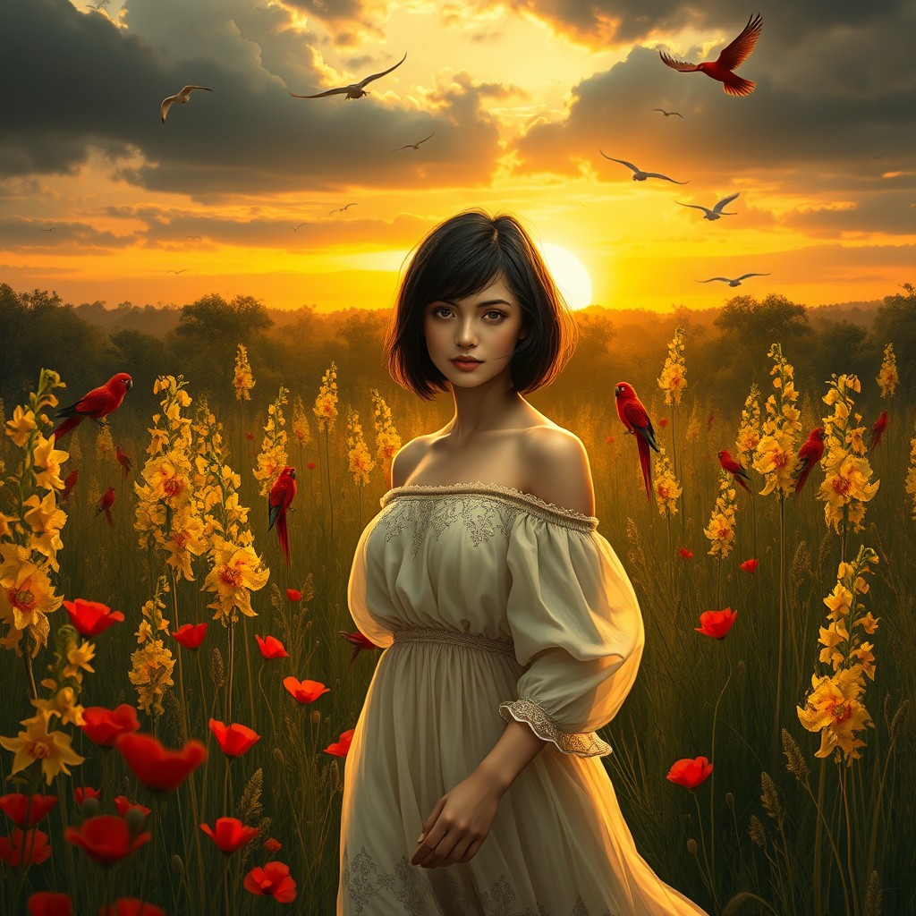 A romantic, highly detailed digital acrylic and chalk painting of a woman with short black hair walking in a lush African forest filled with tall yellow delphiniums, red poppies, and grasses, looking directly at the camera