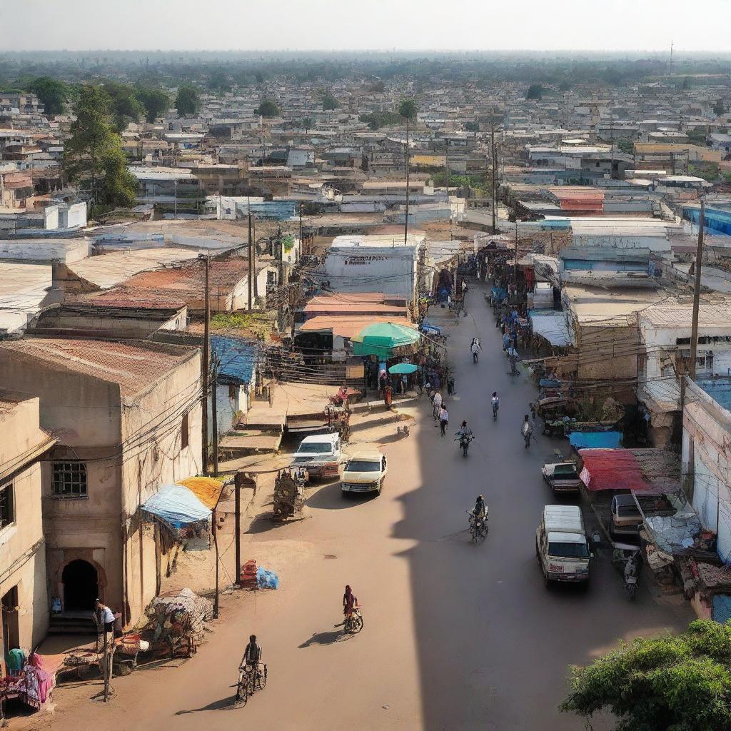 A dynamic image of Devaliya Chokdi, Gujarat, highlighting its bustling streets, architectural structures and cultural elements.