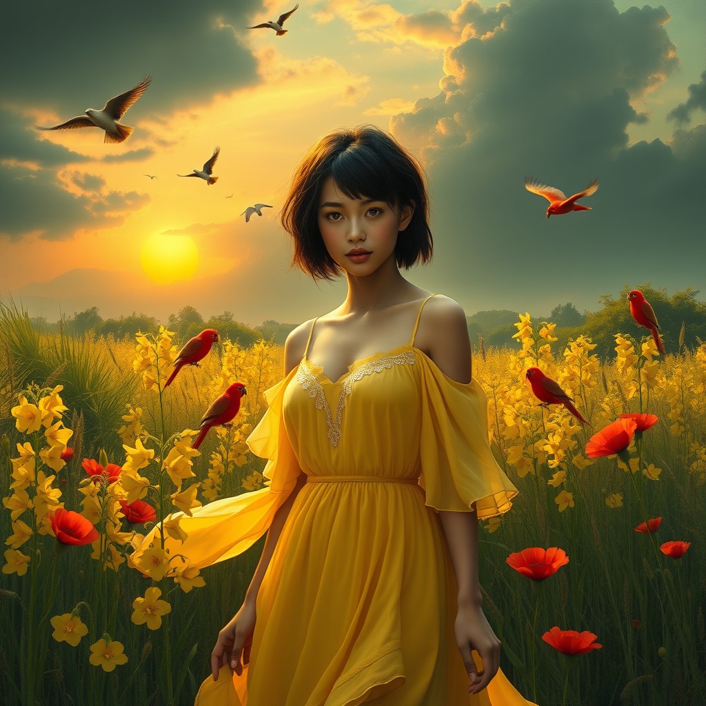 A highly detailed digital acrylic and chalk painting of a romantic scene: a beautiful woman with short black hair walking through a lush African forest filled with long yellow delphiniums, red poppies, and grasses, looking directly at the camera