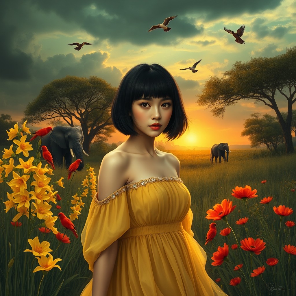 A highly detailed digital acrylic and chalk painting of a romantic, ethereal scene: a beautiful woman with short black hair and bangs walking through a lush African forest filled with long yellow delphiniums, red poppies, and grasses, looking directly at the camera