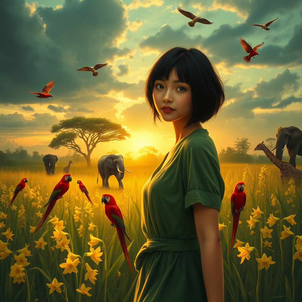 A highly detailed digital acrylic and chalk painting of a romantic, ethereal scene: a beautiful woman with short black hair and bangs walking through a lush African forest filled with long yellow delphiniums and grasses, looking directly at the camera