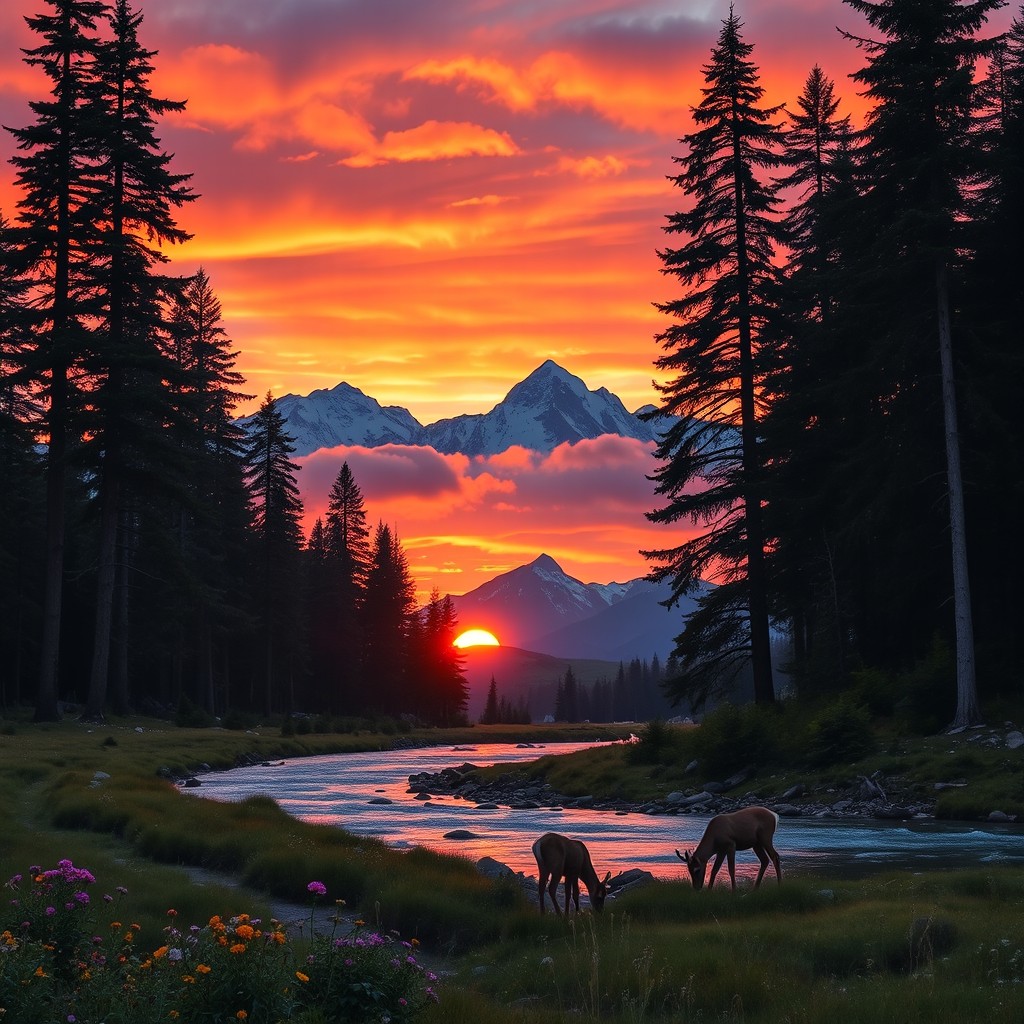 A serene mountain landscape at sunset, featuring tall pine trees, a gently flowing river, and a variety of wildflowers in the foreground