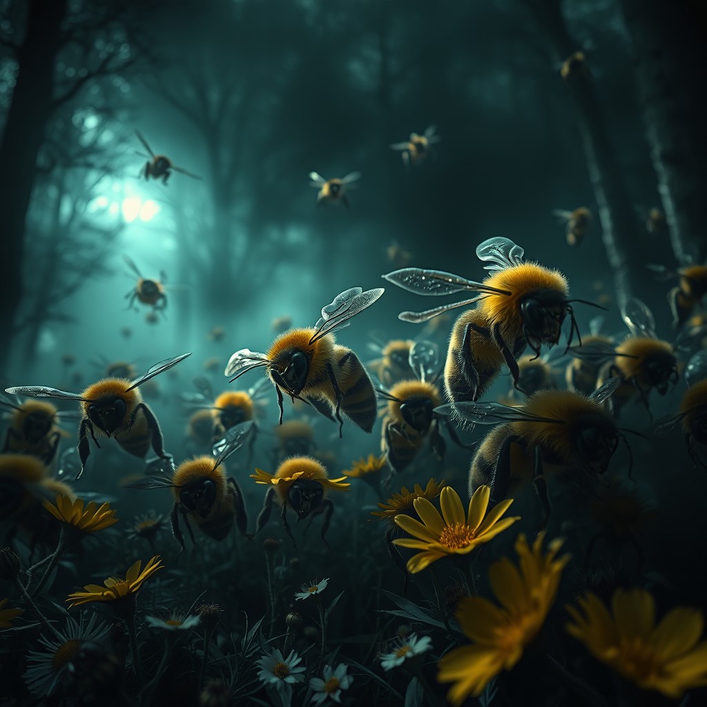 A dramatic scene featuring a swarm of bees with a mystical and menacing aura
