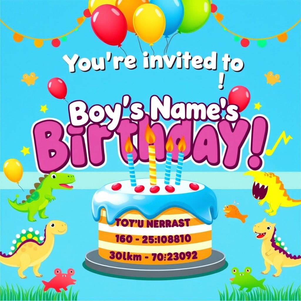 A colorful and vibrant birthday invitation card designed for a young boy's birthday party