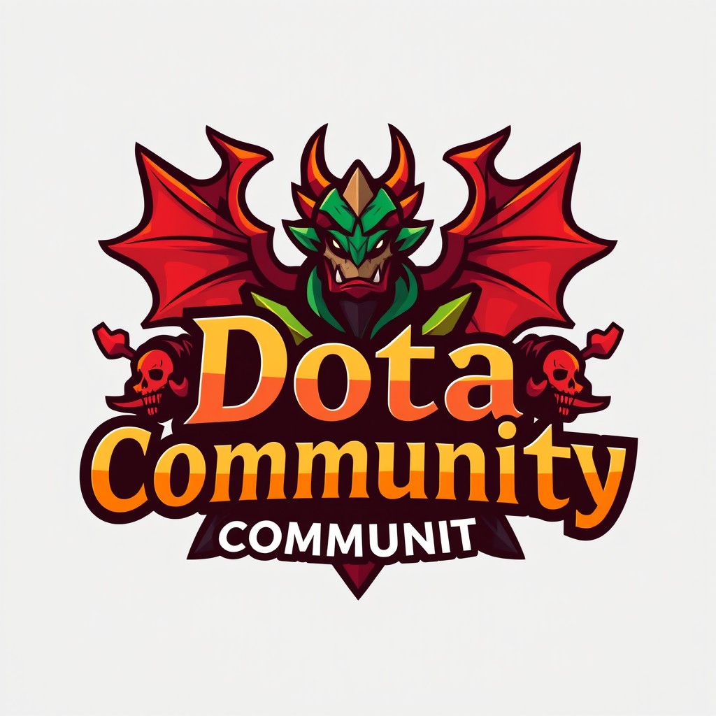 A vibrant logo design for a gaming community focused on Dota 2, featuring iconic elements like the game’s logo, a stylized dragon, and fantasy-themed characters from the Dota universe