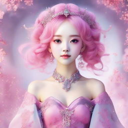 A Korean girl with bright pink hair, dazzling in a fantastical dress adorned with intricate patterns and sparkling embellishments, set against a soft, ethereal background