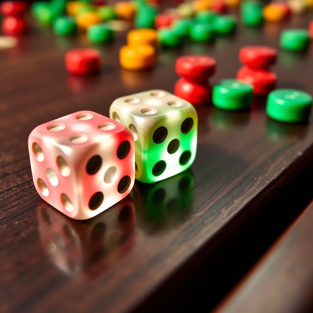 A close-up view of two colorful backgammon dice on a smooth, dark wooden game board