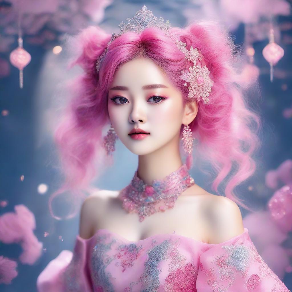 A Korean girl with bright pink hair, dazzling in a fantastical dress adorned with intricate patterns and sparkling embellishments, set against a soft, ethereal background