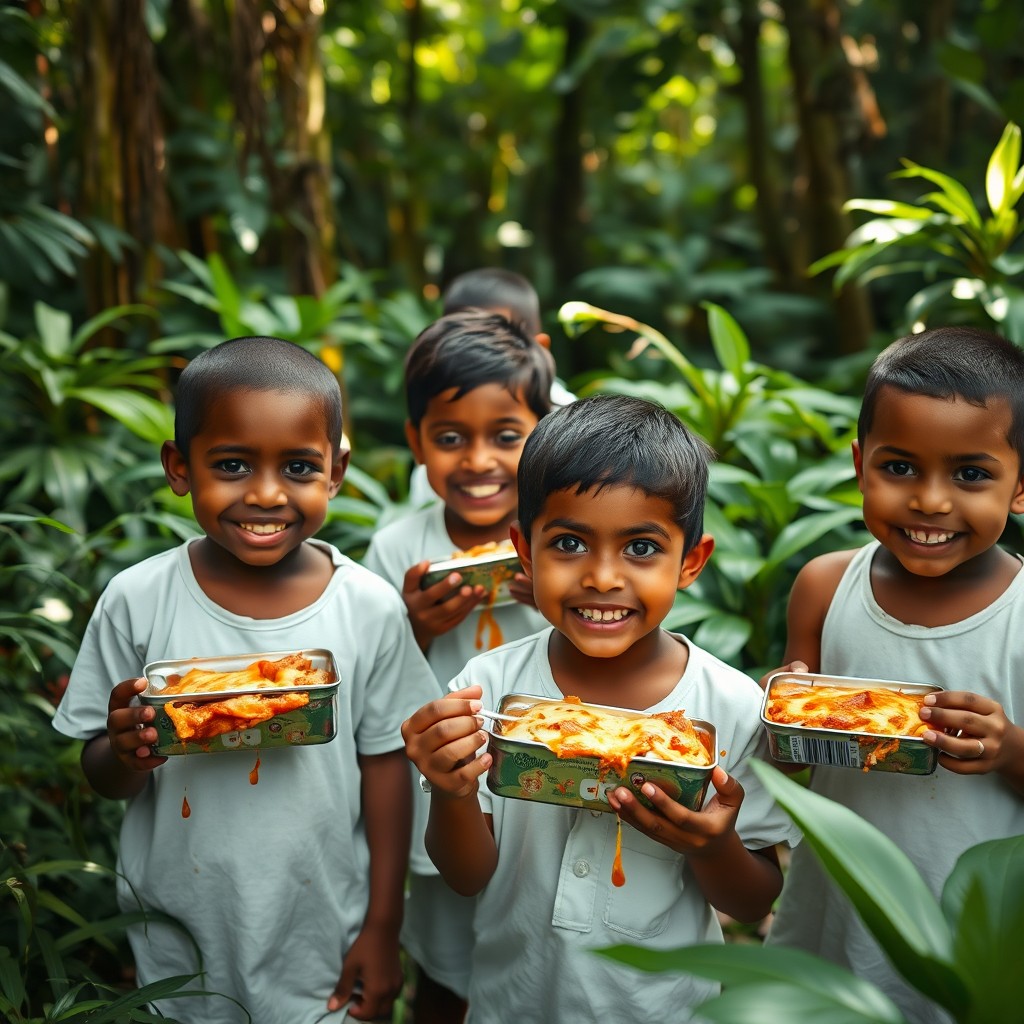 A vibrant scene in a lush rainforest showcasing a group of indigenous children wearing white clothing