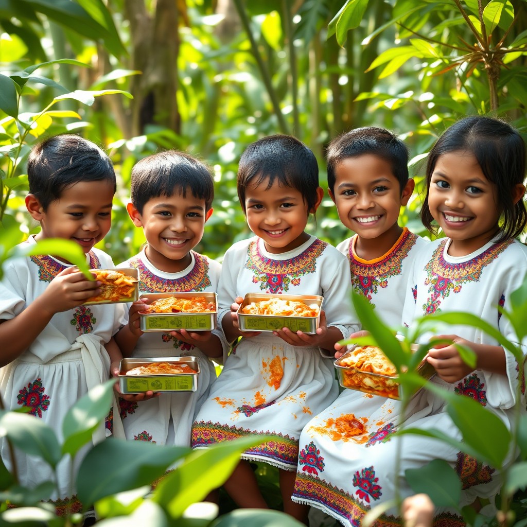 Indigenous children from the Amazon rainforest, wearing traditional white clothing adorned with colorful patterns, joyfully eating microwaved lasagna from tin boxes